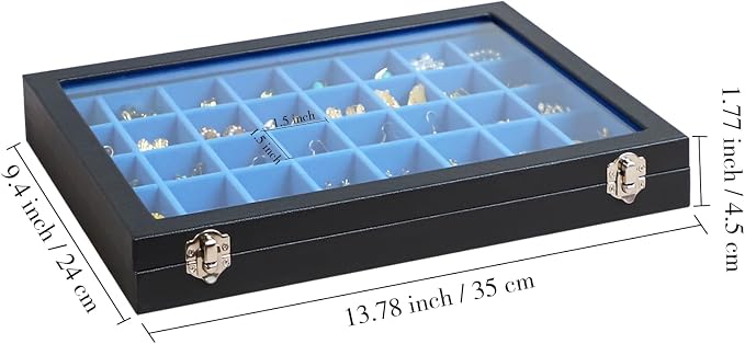 Stratalife 40 Grid Earring Organizer, Jewelry Holder Organizer with Lid | PU Leather Storage Box for Earring, Ring, Studs and Trinkets, Soft Velvet Drawer Organizer for Women, Dustproof, Blue Black