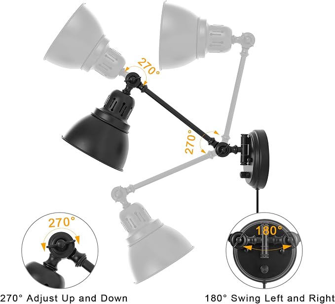 GOODATE Plug in Wall Sconces Set of 2, ENCOMLI Wall Sconce Lighting with Dimmable On Off Switch, Swing Arm Wall Lamp, Black Metal Industrial Wall Light Fixtures, Safety E26 Base, 6FT Plug in Cord
