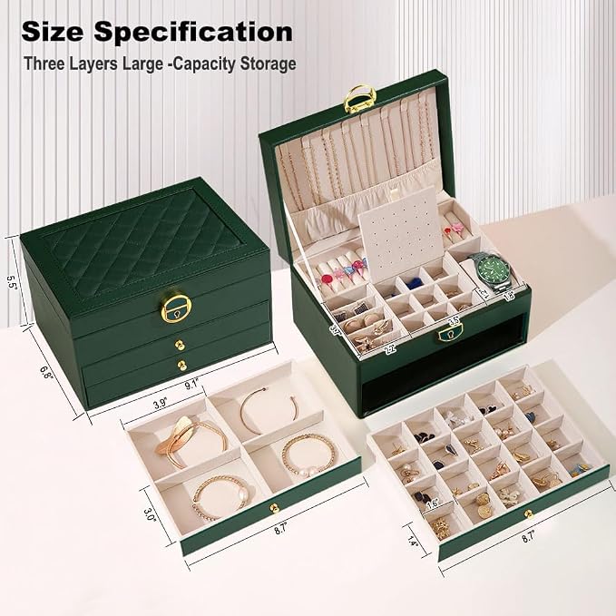 GUOER Jewelry Box for Women Girls, 3 Layers Large Jewelry Organizer (Green) | Vintage Quilting Stitching PU Leather, Earrings Bracelets Rings Necklace Watches Storage Large Jewellery Holder Case Gifts