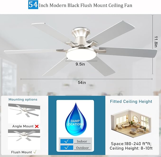 Ceiling Fans with Lights,54 Inch Low Profile Ceiling Fan with Light and Remote Control,6 Speeds/6 Blade,Flush Mount,LED Dimmable DC Reversible Modern, Nickel Ceiling Fan for Bedroom/Living Room