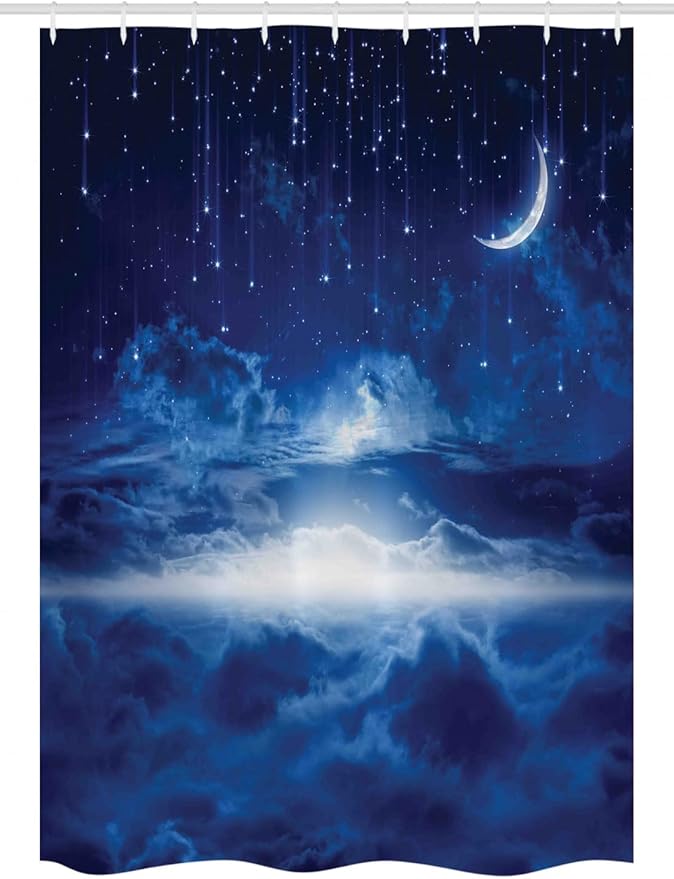 Ambesonne Fantasy Stall Shower Curtain, Night Sky with Moon Falling Stars Clouds Horizon Mysterious Space Art, Fabric Bathroom Decor Set with Hooks, 54" W x 78" L, Navy Blue and White