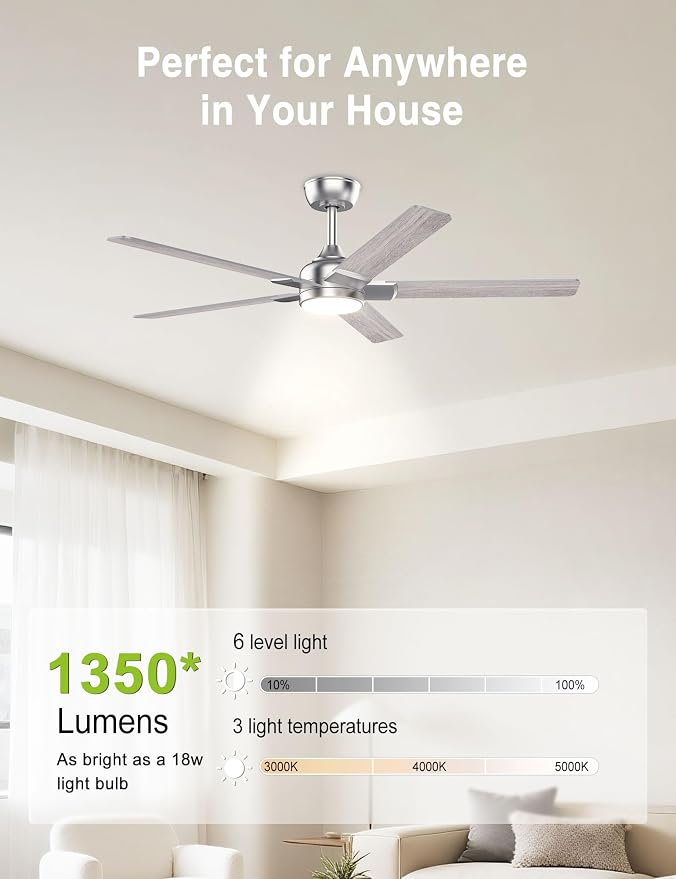 DAMINY 52 inch Nickel Ceiling Fans with Lights,5 Blades,3CCT, Low Profile,Remote Control,for Bedroom, Kitchen,Living Room,Indoor/Outdoor Use,Downrod