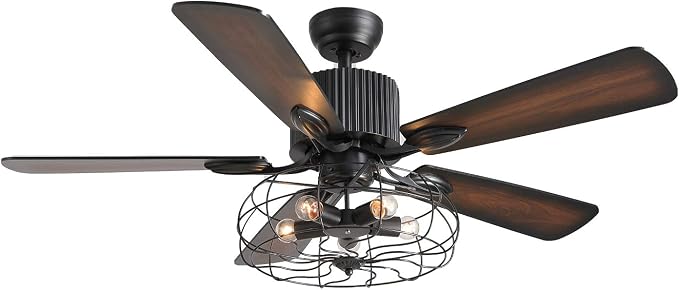 Industrial Caged Ceiling Fan Light with Remote Control 52 Inch Vintage Ceiling Fan Light Farmhouse Black Retro Indoor Fandelier with 5 Reversible Wood Blades for Living Room Bedroom