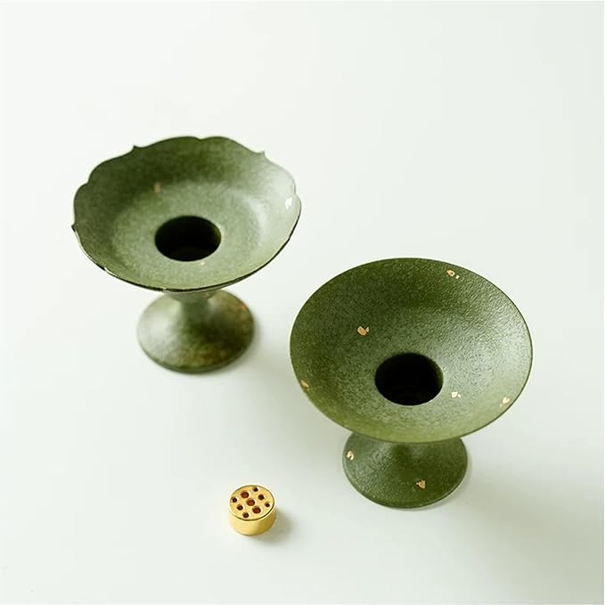 Hermit Life Incense Stick Holder with Fresh Lime-Green Glaze, Ceramic Incense Burner with Ash Catcher, Candlestick Holder for Table Décor (Round Rim)