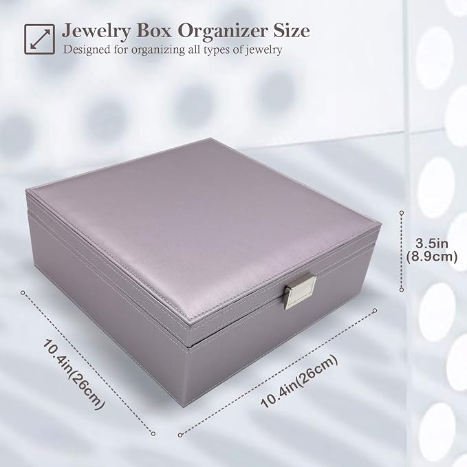 ProCase 2 Layers Jewelry Box for Women -Pearlizedsilver | Large Leather Jewelry Organizer Storage Case with Removable Pad for Earrings
