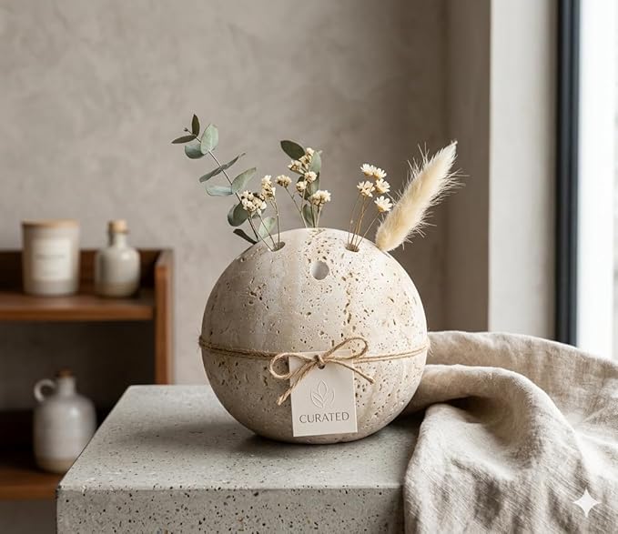 Handmade Travertine Stone Incense Resin Burner Holder – Natural Stone Incense Burner with Brass Insert for Home Decor & Relaxation