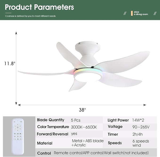 Kviflon Ceiling Fans with Lights Remote/APP Control, 38" Low Profile Ceiling Fans with Dimmable White Colors+Ring RGB Lights, 6 Speeds 5 Reversible Blades for Kids Room Bedroom Living Room, White