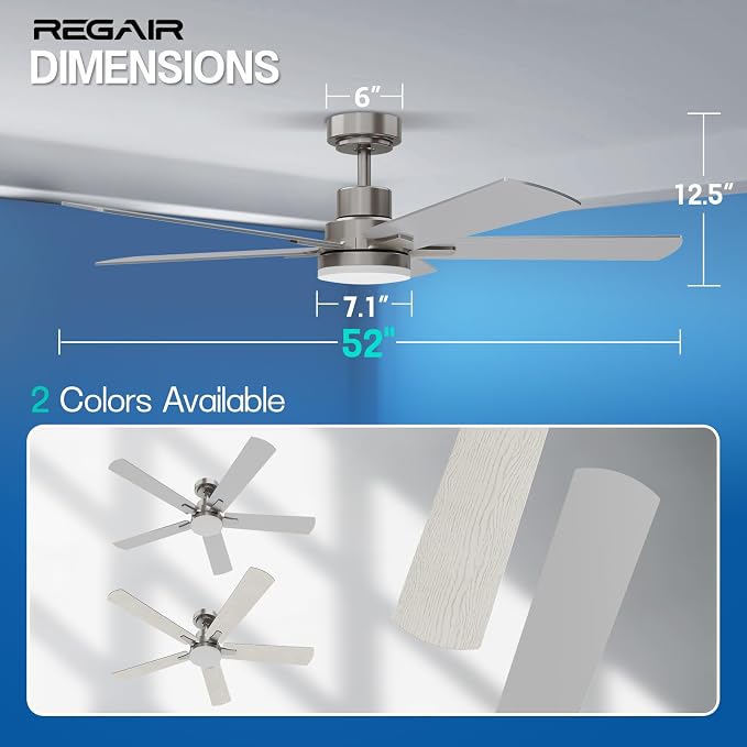 Ceiling Fan With Light 52-Inch, Remote Control Reversible DC Motors, 3CCT Dimmable Timer Noiseless, Nickel Ceiling Fan for Bedroom Living Room, Indoor&Outdoor ETL Listed