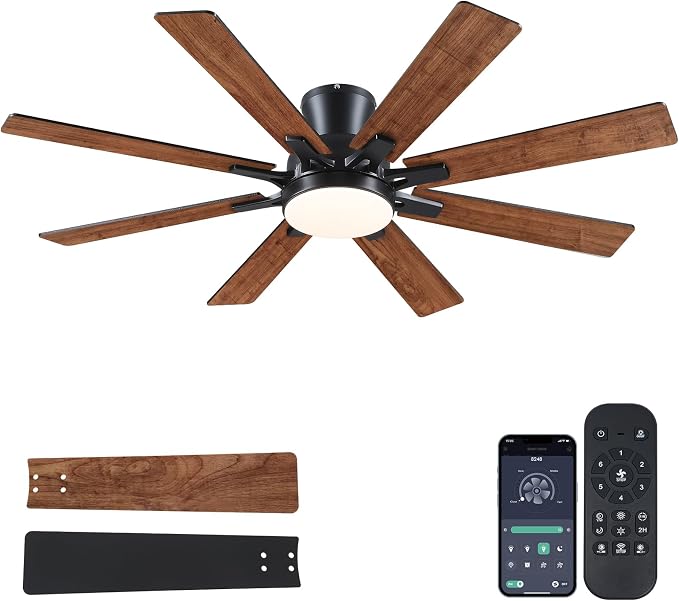 Mpayel Ceiling Fans with Lights, 52 Inch Low Profile Flush Mount Ceiling Fan, Modern Brown Ceiling Fan with Light for Bedroom Living Room, Remote/APP Control, Quiet DC Motor, Dimmable, 8 Wood Blades