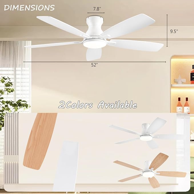 JSAITEE Ceiling Fans with Lights, 52 Inch Low Profile Ceiling Fan with Light and Remote Control, Flush Mount, DC Reversible Motor, Noiseless, White 6 Speeds Ceiling Fan for Bedroom