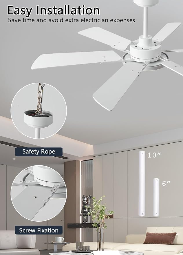 JSAITEE 52 Inch Low Profile Ceiling Fan with Lights, Remote & APP Control, 3CCT Dimmable, 6 Blades 6 Speed Ceiling Fans, Quiet Reversible DC Motor, Modern White Ceiling Fan for Bedroom Living Room