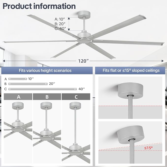 120 Inch HVLS Industrial Ceiling Fan No Lights, Extra Large Commercial Ceiling Fan with Aluminum Blades, Reversible DC Motor, Remote Control, Big Assed Heavy Duty for Shop Warehouse Gym Garage