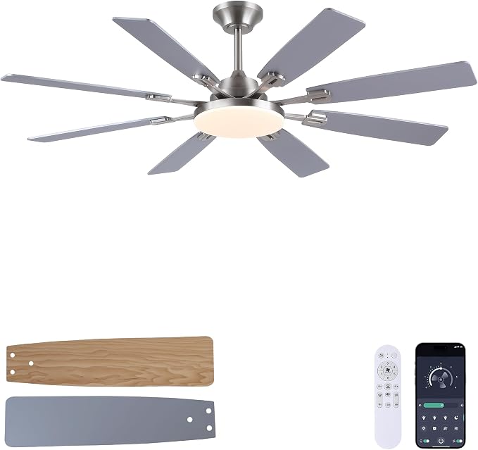 Ceiling Fan With Light & Remote Indoor/Outdoor Use 60 Inch Nickel | Reversible DC Motor,3CCT, Dimmable, Timer, Noiseless,Ceiling Fan for Bedroom Living Room