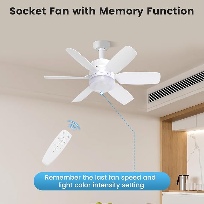 Fanspex 20.5'' Socket Ceiling Fan Light for Home Living Room Bedroom Garage | 5 Fan Speeds with 3 Colors Adjustable Light, 8 Hours Timer, White