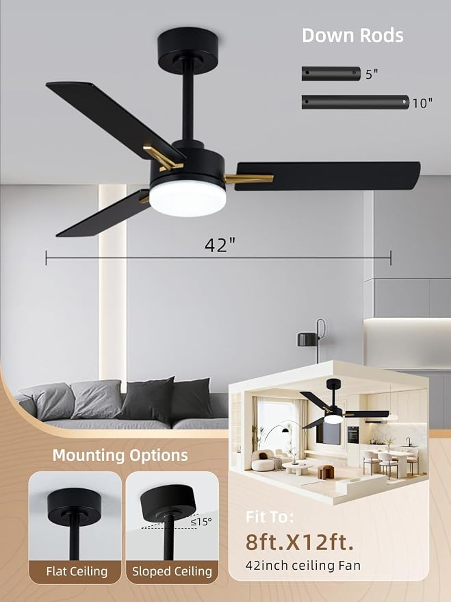 LANMEL 42 Inch Ceiling Fans with Lights, App&Remote Control, Low Profile Modern Ceiling Fan, 6 Speed, Reversible, 3000k-6500k Dimmable LED, Quiet DC Motor for Indoor Outdoor Use, Gold Black