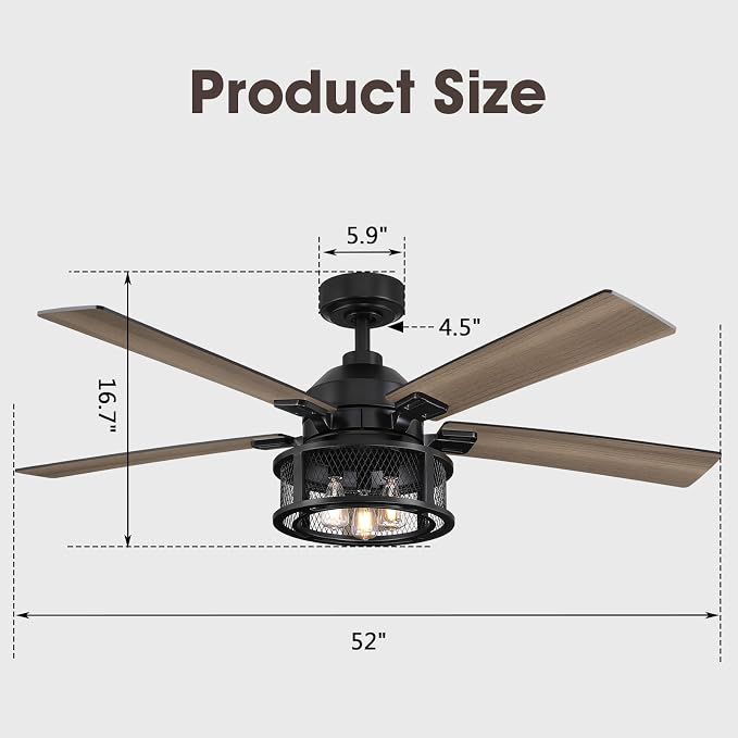 52 Inch Farmhouse Ceiling Fans with Lights and Remote, Outdoor Ceiling Fan with 5 Dual Finish Blades, Black Ceiling Fan with Reversible Quiet Motor for Bedroom, Living Room, Kitchen, Black