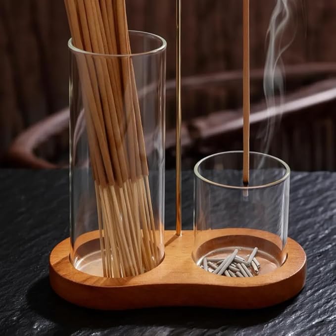 Modern Incense Burner with Ash Catcher, Hanging Incense Stick Holder Stand, Glass & Wooden Base Incense Holder for Home Meditation Decor (Natural Wood)