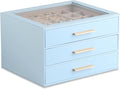 Frebeauty Jewelry Box for Women,Clear Lid Jewelry Organizer with 3 Drawers | Faux Leather,Velvet Lining,3 Layers,Jewelry Storage for Ring Earring Stud,Dustproof Design,Gift Choice,Golden Stylish Handle