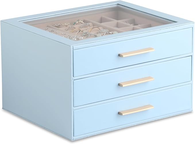 Frebeauty Jewelry Box for Women,Clear Lid Jewelry Organizer with 3 Drawers | Faux Leather,Velvet Lining,3 Layers,Jewelry Storage for Ring Earring Stud,Dustproof Design,Gift Choice,Golden Stylish Handle