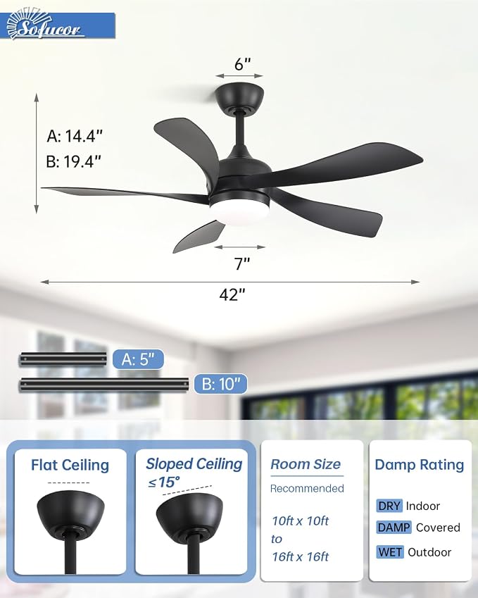 Sofucor 42 Inch Ceiling Fan with Lights and Remote, Indoor/Outdoor Ceiling Fan with Light 6-Speed 3 CCT 3-Timer, Low Profile Black Ceiling Fan 5 Blade Quiet DC Motor for Bedroom Living Room Patio