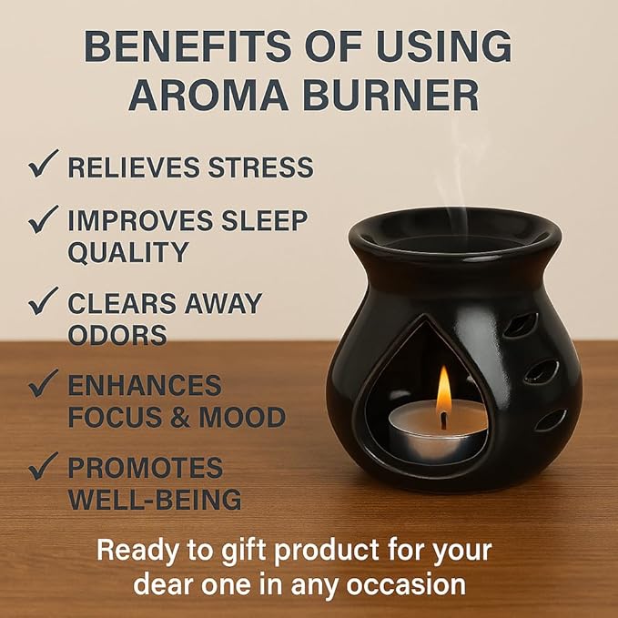 Pure Source India Ceramic Essential Oil Burner Wax Melt Burners |Aromatherapy| Ceramic Oil Diffuser| Candle Tealight Holder (Set of 1) Home Bedroom Decor Christmas Housewarming Gift, Black