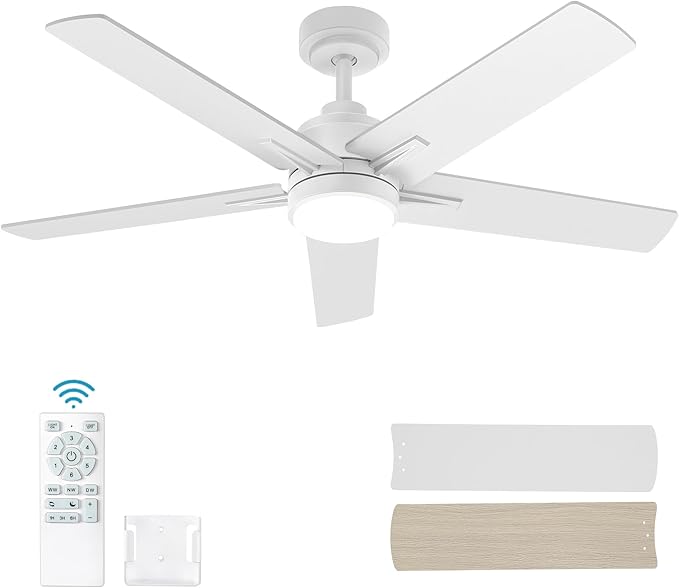 52 Inch White Ceiling Fan with Light and Remote Control,Dimmable 3 Color Temperatures LED Ceiling Fan,6 Speeds Reversible DC Motor,5 Blades Modern Ceiling Fans for Indoor or Covered Outdoor