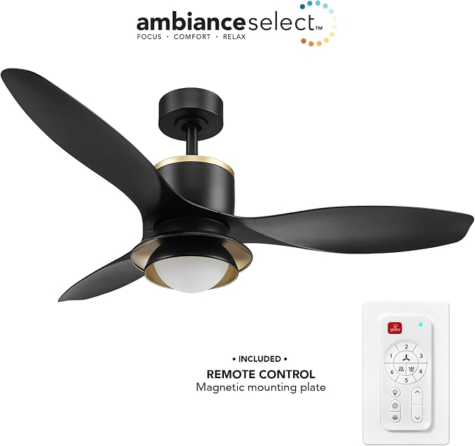 Globe Electric 27106 48" Ceiling Fan with LED Light, Remote Control, WhisperQuiet DC Motor, 6 Speeds, Black with Brass Accents, Reversable Airflow, Ceiling Fans with Lights, Ceiling Lighting