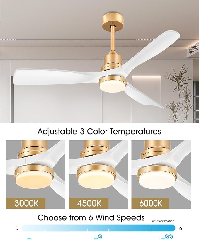 White and Gold Ceiling Fans with Lights and Remote, 52inch Modern Gold Ceiling Fan ETL Listed, 3 Downrods, 3 blade Gold Fan Reversible Quiet DC Motor, Timer,6-Speed for Outdoor Indoor,52in,White Gold