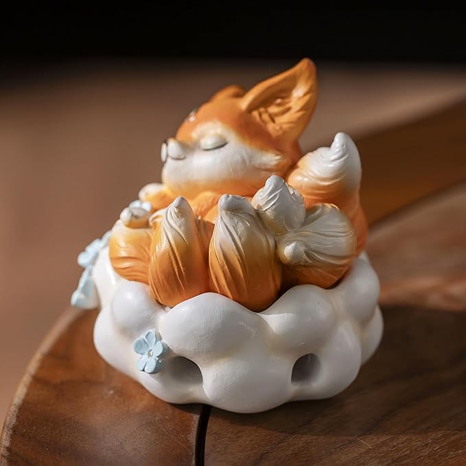 Cute Nine-Tailed Fox Decorative Incense Holder, Resin Sleeping Fox Figurine Cone Coil Incense Burner with Lid, Ash Catcher for Yoga Meditation Spa Home Office Aromatherapy Decor (Orange)