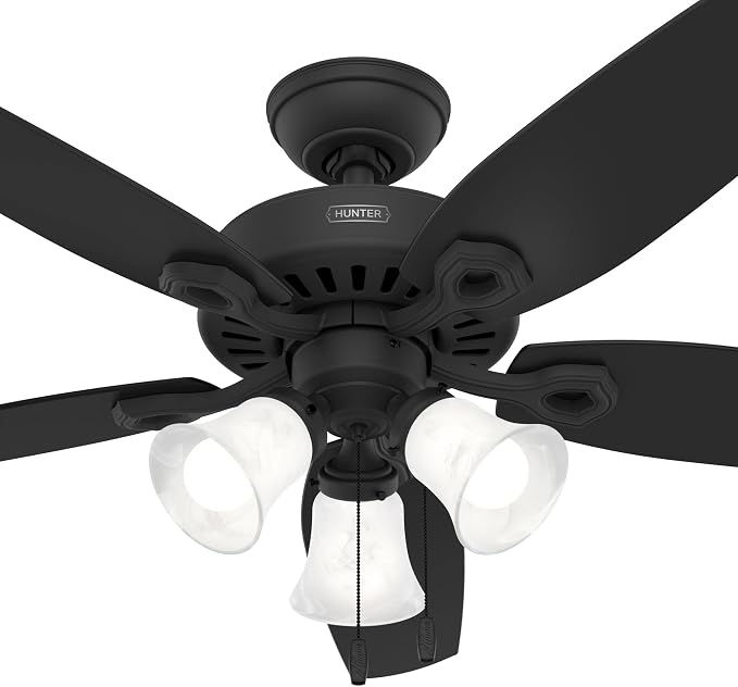 Hunter Builder Plus, Indoor, Ceiling Fan, Pull Chain, 52 inch, Matte Black | with LED Lights, Standard Mount, 5 Blades, For Bedroom, Living Room, 52387, Includes Bulbs