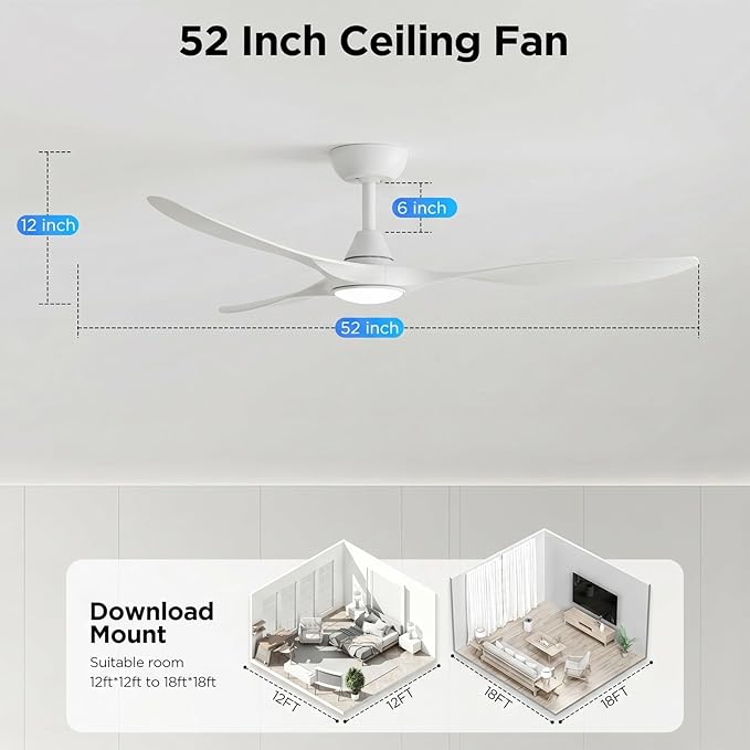 Roomratv Ceiling Fans with Lights and Remote Control,Quiet Noiseless Reversible DC Motor,6 Speeds,Timers, 3 CCT, Indoor Use, Plastic Blades,52 Inch White Modern Ceiling Fan for Bedroom Living Room
