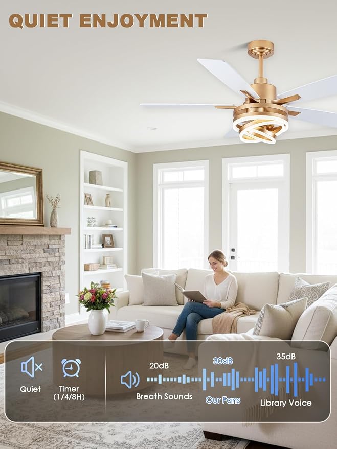 Bella Depot 52 Inch Gold White Ceiling Fan Modern Chandelier Ceiling Fan with Dimmable Light, 6-Speed, Reversible, Timing Option - Ideal for Bedroom Living Room