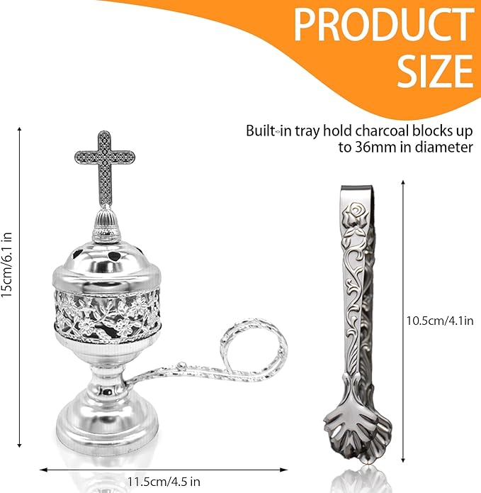 Sliver Incense Burner with Tong – Frankincense Charcoal Incense Stand Aromatherapy, Yoga, Spa, Home Decor, and Church Use – Compact & Durable Bakhoor Holder