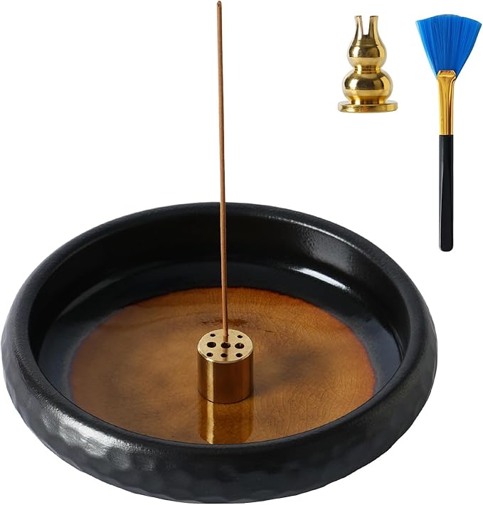 6 Inch Incense Burner Holder Handmade Ceramic,Crackle Glaze Yellow Incense Holders for Sticks,Multi-Functional Incense Burner Bowl Ash Catcher,Coil Incense Holder,Ideal for Meditation,Yoga,Home Décor