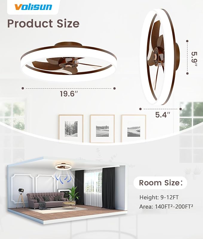 VOLISUN Low Profile Ceiling Fans with Lights and Remote, 20in Fandelier Ceiling Fan Flush Mount, 3000K-6500K Smart Bladeless LED Fan Light, Farmhouse Ceiling Fans with Lights for Bedroom(Wood)