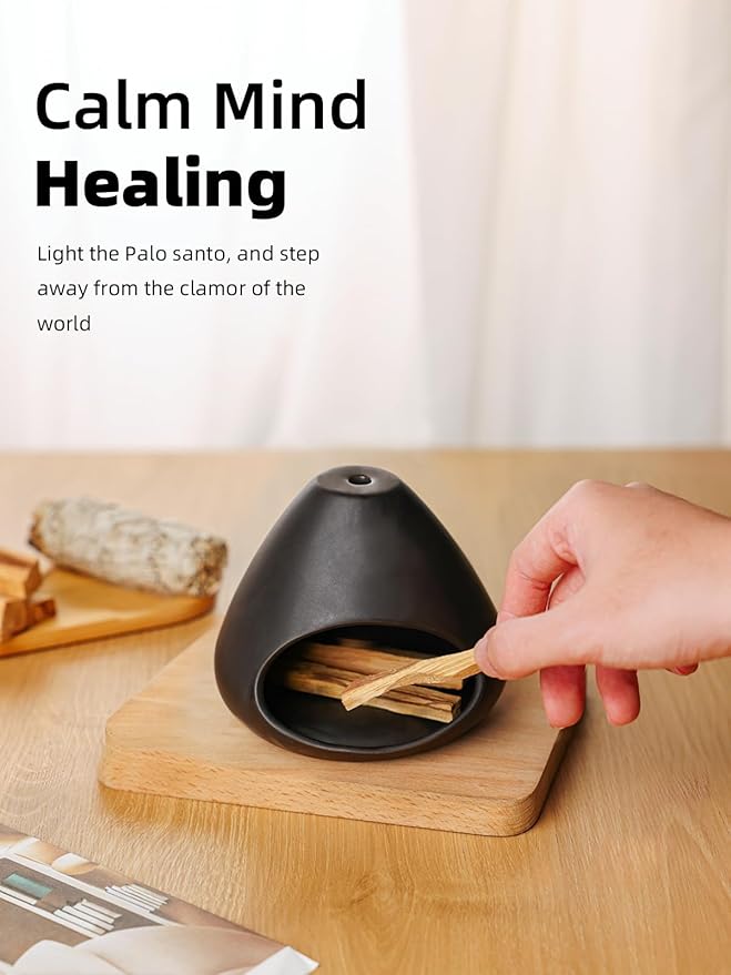 Palo Santo Holder, Modern Incense Burner, Ceramic Smudge Bowl for Yoga, Meditation and Energy Cleansing, Meditation Zen Decor for Home Office (Black)