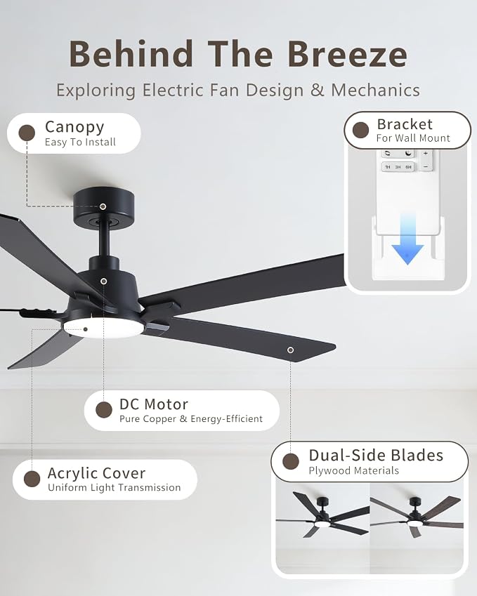 60 Inch Black Downrod Ceiling Fans with Lights and Remote | 3CCT Dimmable LED, 6 Speed, Quiet DC Motor, 3-Level Timer Function, Forward/Reserve For all Seasons, Indoor/Covered Outdoor