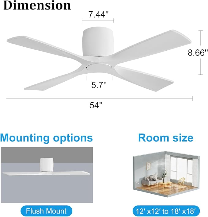 WINGBO 54 Inch Ceiling Fan Without Light, Solid Wood Flush Mount Ceiling Fan with Remote Control, Reversible DC Motor, 4 Blades, 6-Speed Quiet Performance, for Bedroom & Living Room, White