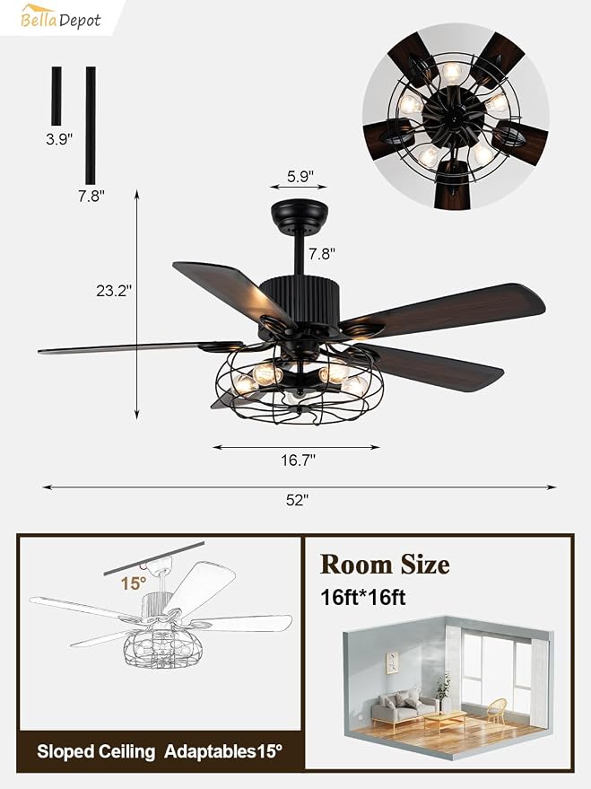 Bella Depot 52" Industrial Ceiling Fan Farmhouse Caged Chandelier Fan with Light Remote Vintage Rustic Indoor Fandelier with Silent Motor for Dining Living Room Bedroom Porch Outdoor (Coffee)