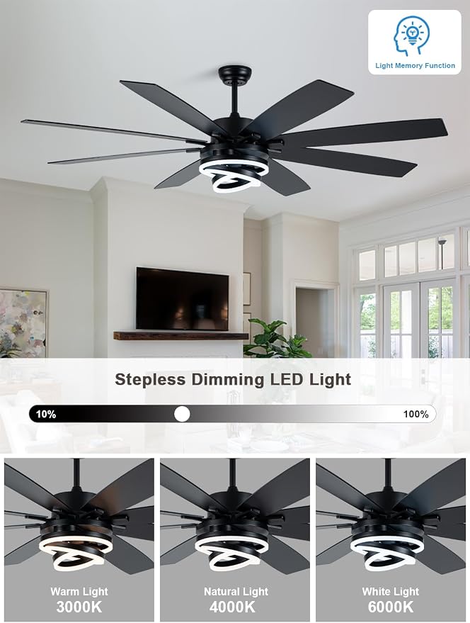 Bella Depot 72 Inch Black Ceiling Fan Modern Chandelier Fan with Remote Control, 6-Speed, Reversible, Timing Option - Ideal for Large Living Room, Garage, and Covered Patio