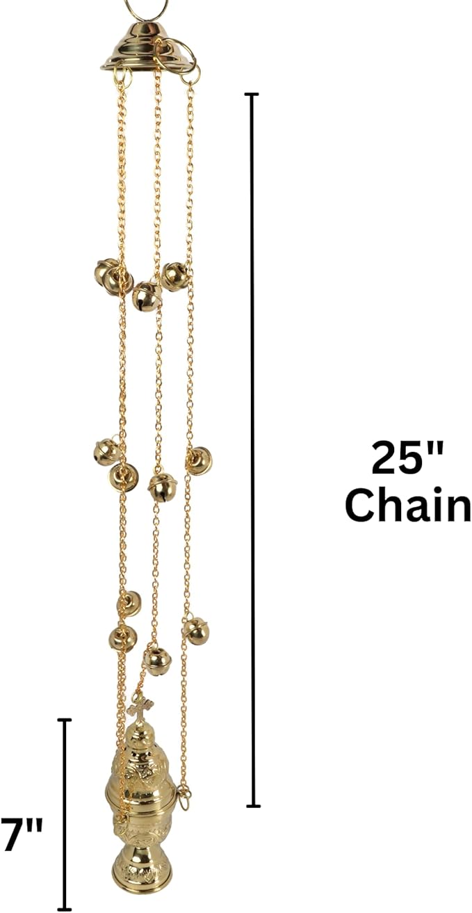 Needzo Hanging Brass Incense Burner with Bells, Gold Tone Swinging Censor, Catholic Church Supplies, 25 Inch Chains with 7" Body