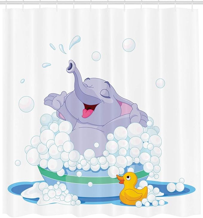 Ambesonne Cartoon Shower Curtain, Takes Bubble Bath in Basin with Duck Water Games Wild Animals Theme Print, Cloth Fabric Bathroom Decor Set with Hooks, 69" W x 75" L, Multicolor