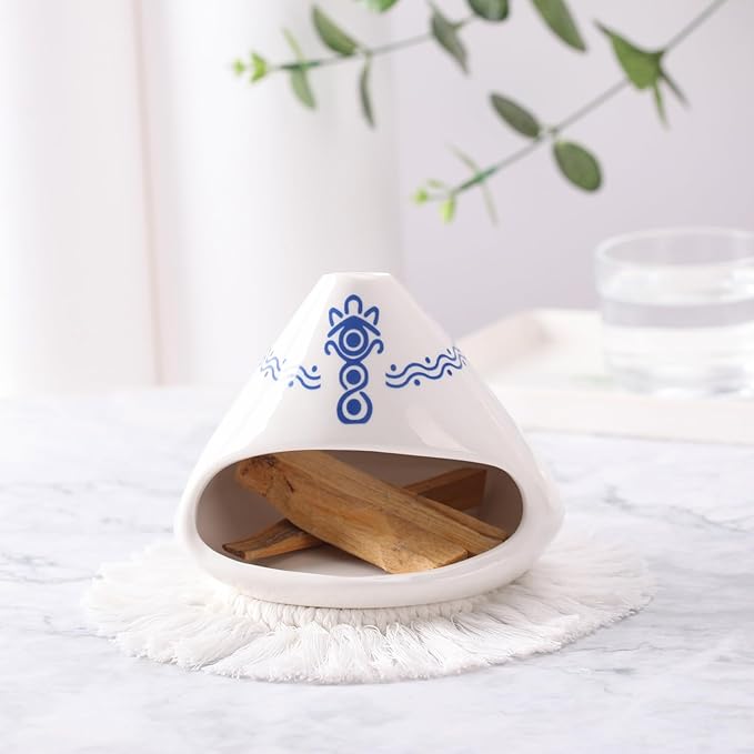 Ceramic Palo Santo Holder Burner,Incense Cone Holder,Mini Chiminea for Palo Santo Sticks and Sage Burner,with Handmade Heat Insulated Mat,Dust Brush,Metal Tweezer. (White and Blue)