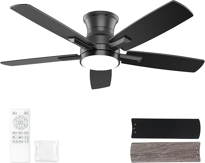 YUHAO 42 Inch Flush Mount Black Ceiling Fan with Light and Remote Control.Noiseless,Dimmable,3CCT,6 Speeds Reversible, Low Profile DC Ceiling Fans for Indoor or Covered Outdoor Use,ETL Listed