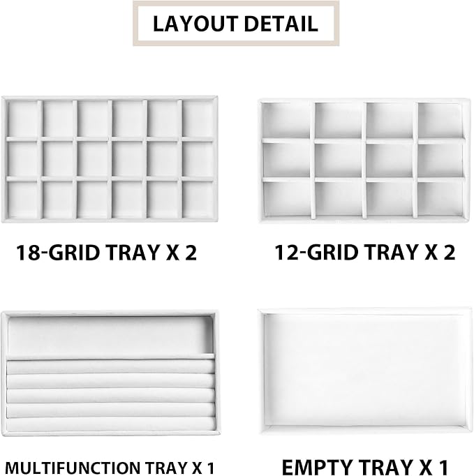 Frebeauty Jewelry Trays for Drawer,Set of 6 Jewelry Organizer and Storage | Velvet Material,Earring Holder Organizer,Stackable Jewelry Display for Vanity,Drawer Inserts for Rings,Studs,8.3×4.9 inch