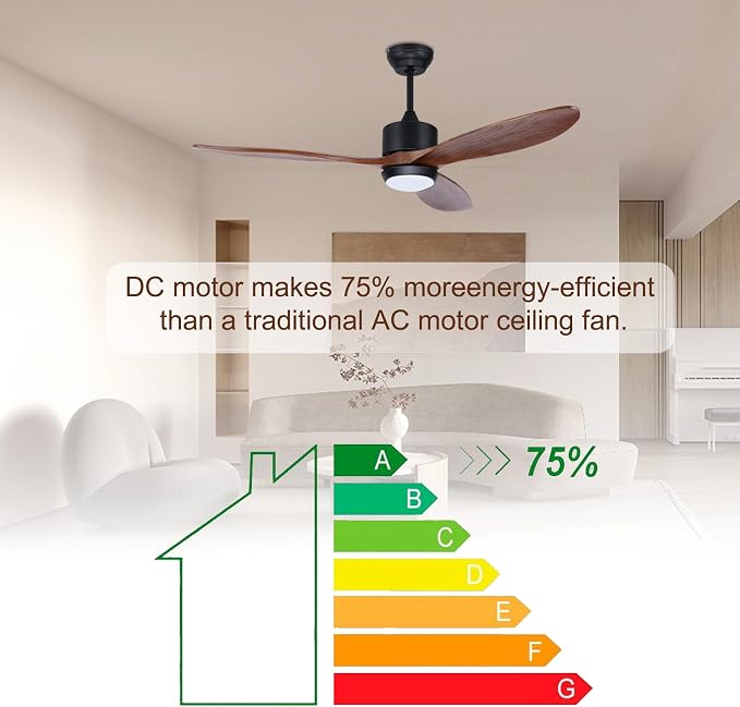 Ovlaim 60 Inch Wood Ceiling Fan with Light, Quiet DC Motor, Smart 6-Speed | 35dB Quiet, Solid Wood Blades, 3-Color Dimmable, Memory Function, App & Voice, Reversible Motor, Living Room Patio