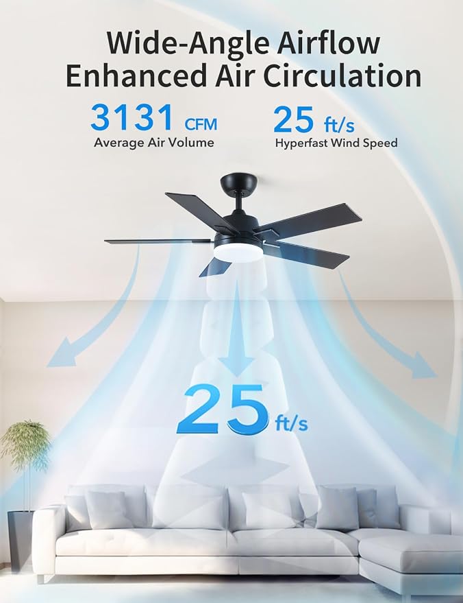 Rayqueen 42 Inch Black Ceiling Fans with Lights and Remote,Includes Downrod | 6 Speed Reversible DC motor,3-color temperature dimmable LED.For indoor/covered outdoor.Modern style for bedroom room