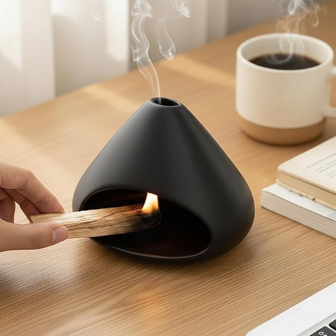 Palo Santo Holder Incense Burner, Sage Sticks Holder, Zongzi Clay Smudge Bowl with Chimney, Mini Cone Ceramic Fireplace for Cedar, Yoga, Sleep, Home Decor, Anxiety Relief Meditation for Women (Black)