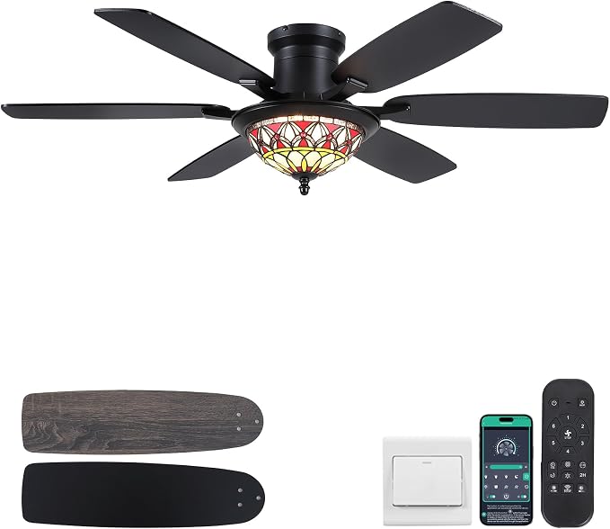 Tiffany Ceiling Fans with Lights - 52" Ceiling Fan Chandelier with Stained Glass Shade, 6 Speeds Reversible 6 Dual-Blades, Flush Mount, 3 CCT Dimmable LED Lights, Remote & APP Control, Retro Style