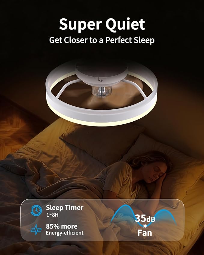 RGB Ceiling Fan with Lights, low profile ceiling fans with lights and remote, Flush Mount LED Fan Light, Modern Bladeless Fandelier for Bedroom Works with APP, 16IN White